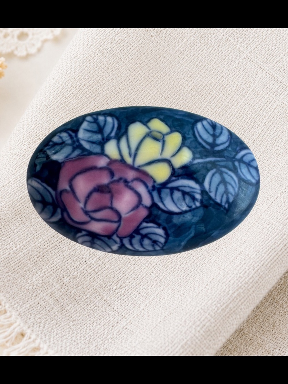 Japanese Porcelain Brooch Pin Hand Painted Rose Floral Blue Oval Signed Vintage
